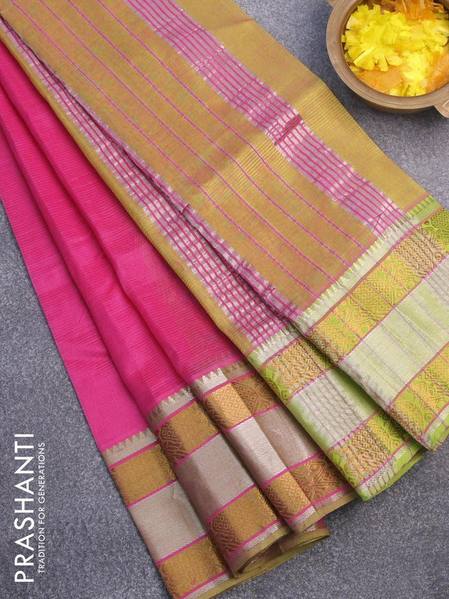 Mangalgiri silk cotton saree pink and green with hand block printed blouse and zari woven border - {{ collection.title }} by Prashanti Sarees