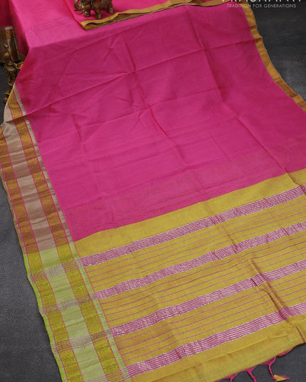 Mangalgiri silk cotton saree pink and green with hand block printed blouse and zari woven border - {{ collection.title }} by Prashanti Sarees