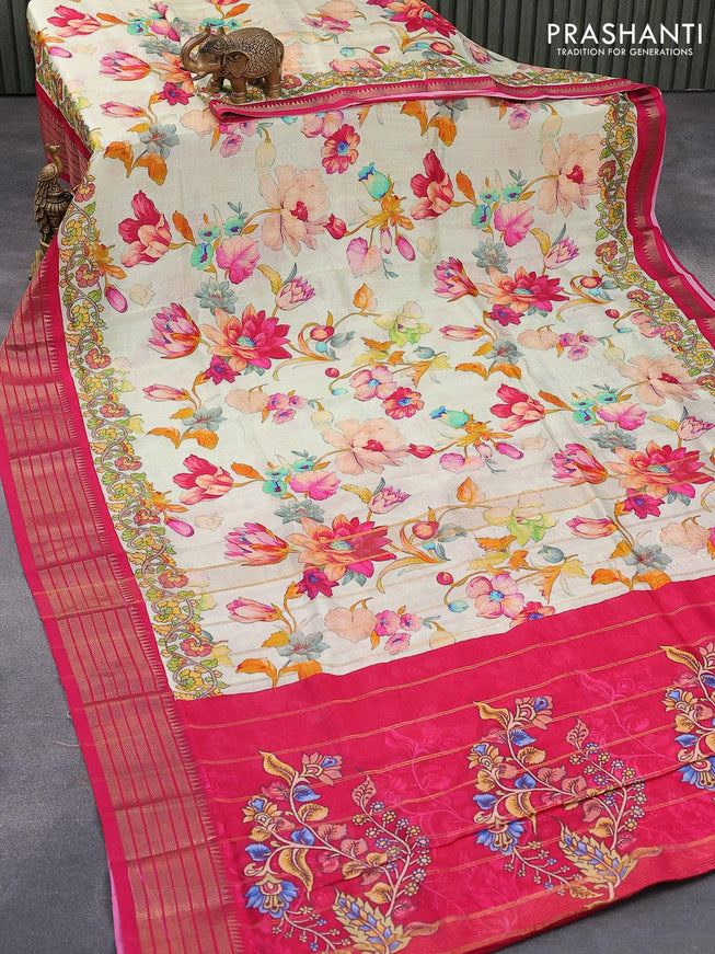 Mangalgiri silk cotton saree pista green and pink with allover floral prints and zari woven border - {{ collection.title }} by Prashanti Sarees