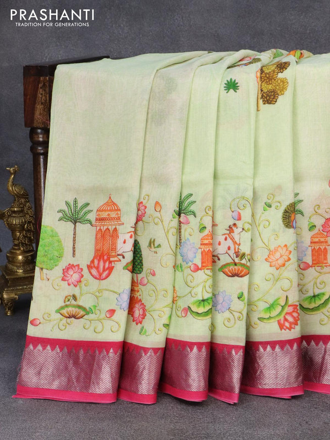 Mangalgiri silk cotton saree pista green and pink with allover pichwai prints and silver zari woven border - {{ collection.title }} by Prashanti Sarees