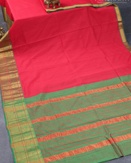 Mangalgiri silk cotton saree red and dual shade of green with hand block printed blouse and annam zari woven border - {{ collection.title }} by Prashanti Sarees