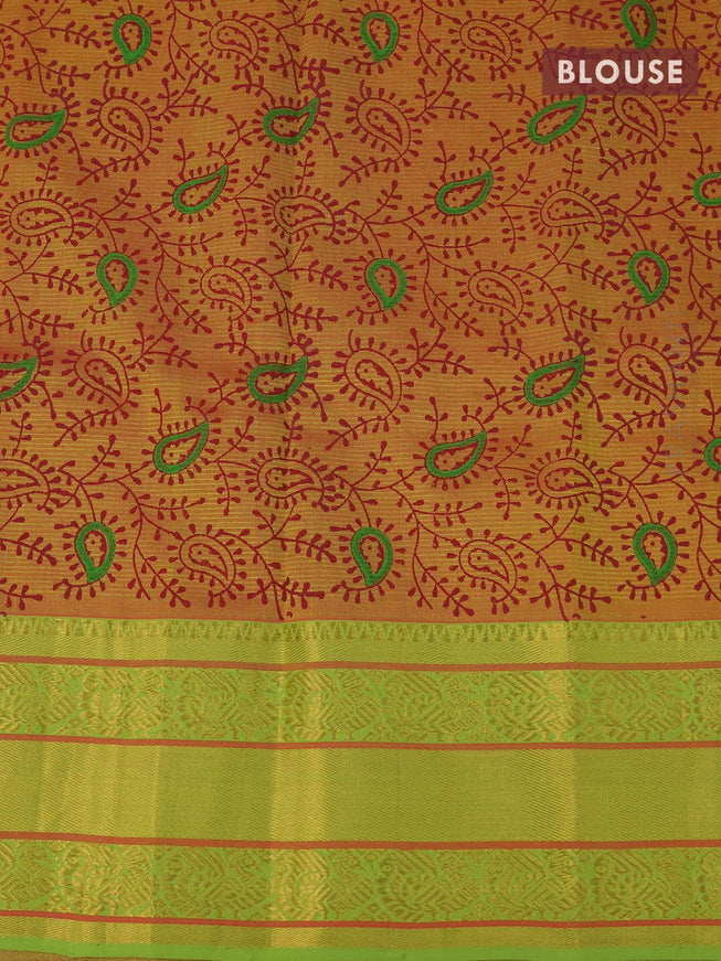 Mangalgiri silk cotton saree red and light green with hand block printed blouse and annam zari woven border - {{ collection.title }} by Prashanti Sarees
