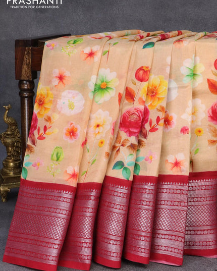 Mangalgiri silk cotton saree sandal and maroon with allover floral prints and silver zari woven border - {{ collection.title }} by Prashanti Sarees