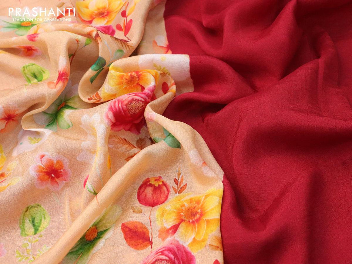 Mangalgiri silk cotton saree sandal and maroon with allover floral prints and silver zari woven border - {{ collection.title }} by Prashanti Sarees