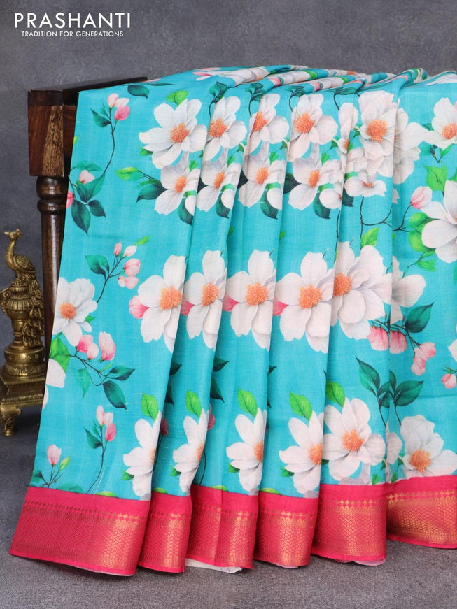 Mangalgiri silk cotton saree teal blue and pink with allover floral prints and zari woven border - {{ collection.title }} by Prashanti Sarees