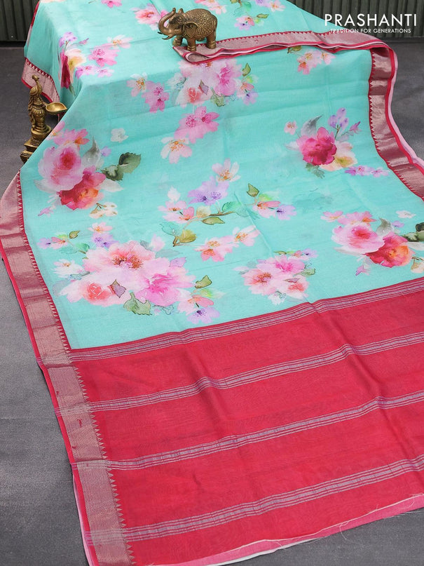 Mangalgiri silk cotton saree teal blue shade and pink with allover floral prints and silver zari woven border - {{ collection.title }} by Prashanti Sarees