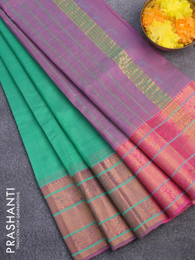 Mangalgiri silk cotton saree teal green and pink with hand block printed blouse and annam zari woven border - {{ collection.title }} by Prashanti Sarees