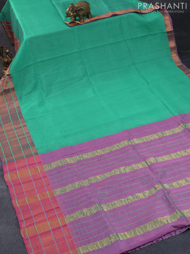 Mangalgiri silk cotton saree teal green and pink with hand block printed blouse and annam zari woven border - {{ collection.title }} by Prashanti Sarees