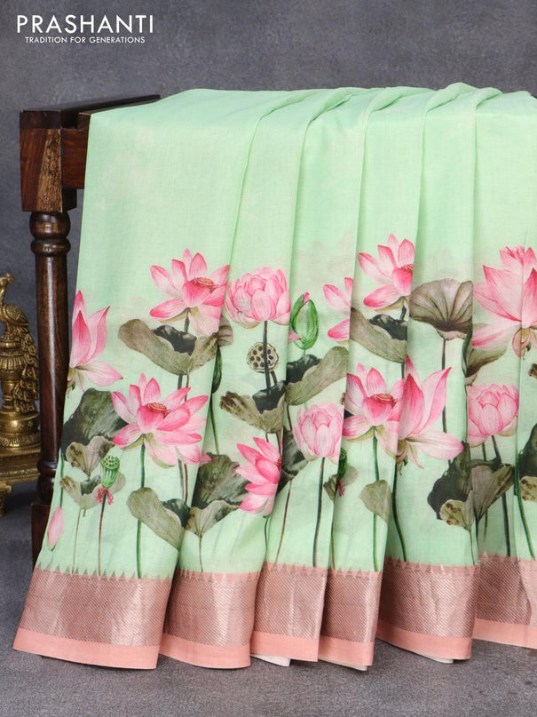 Mangalgiri silk cotton saree teal green shade and peach shade with pichwai prints and silver zari woven border - {{ collection.title }} by Prashanti Sarees