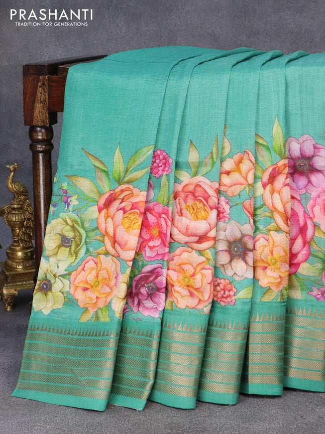 Mangalgiri silk cotton saree teal green with allover floral prints and zari woven border - {{ collection.title }} by Prashanti Sarees