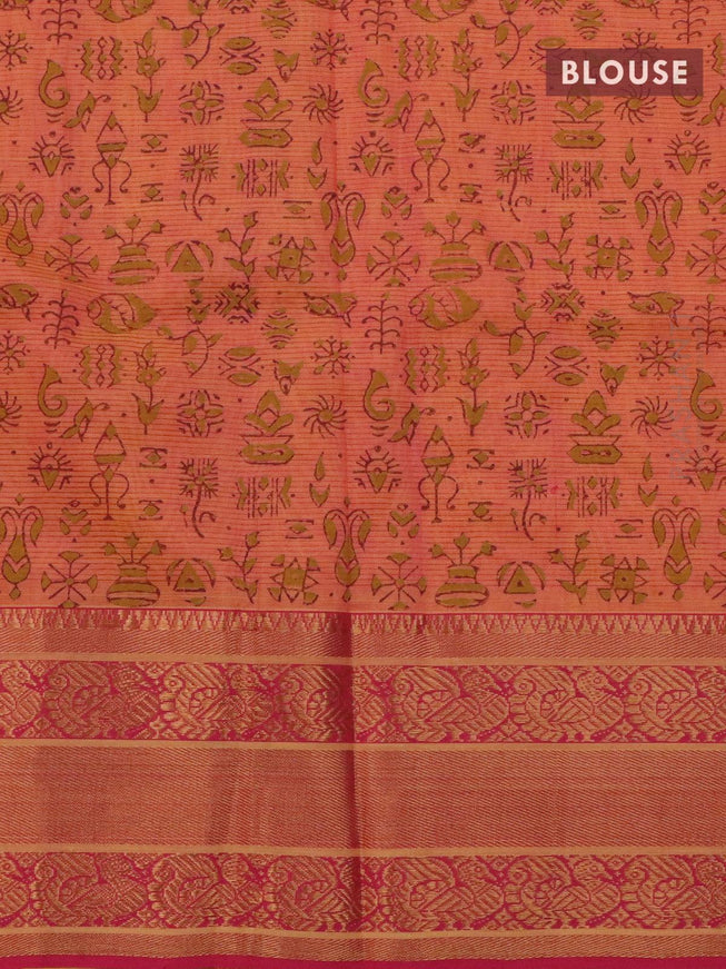 Mangalgiri silk cotton saree yellow and pink with hand block printed blouse and annam zari woven border - {{ collection.title }} by Prashanti Sarees