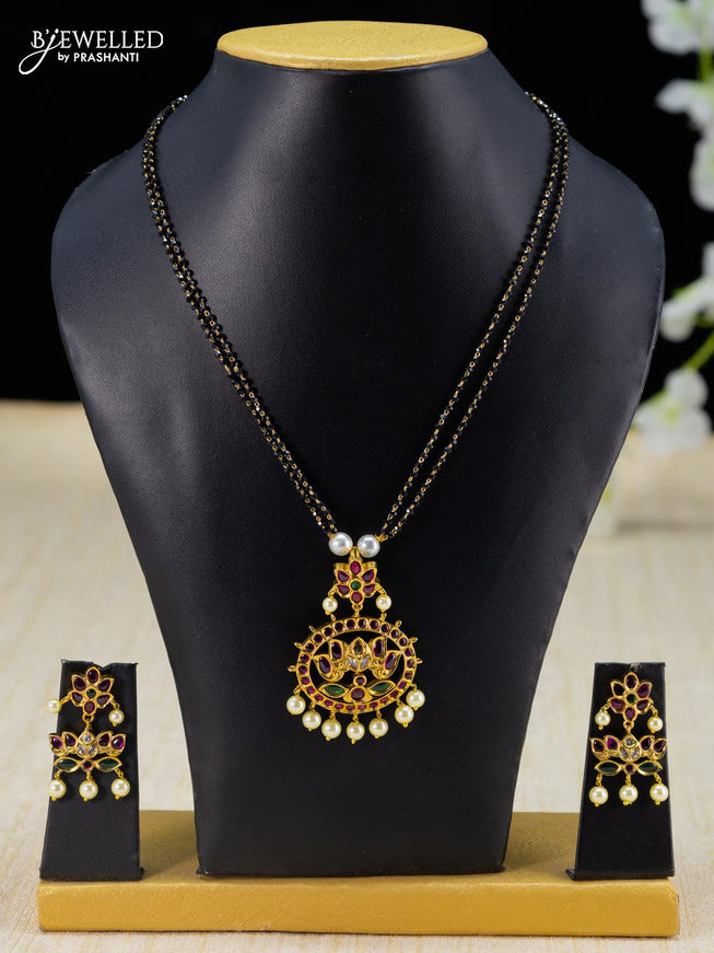 Mangalsutra double layer kemp & cz stone with lotus pendant and pearl hangings - {{ collection.title }} by Prashanti Sarees