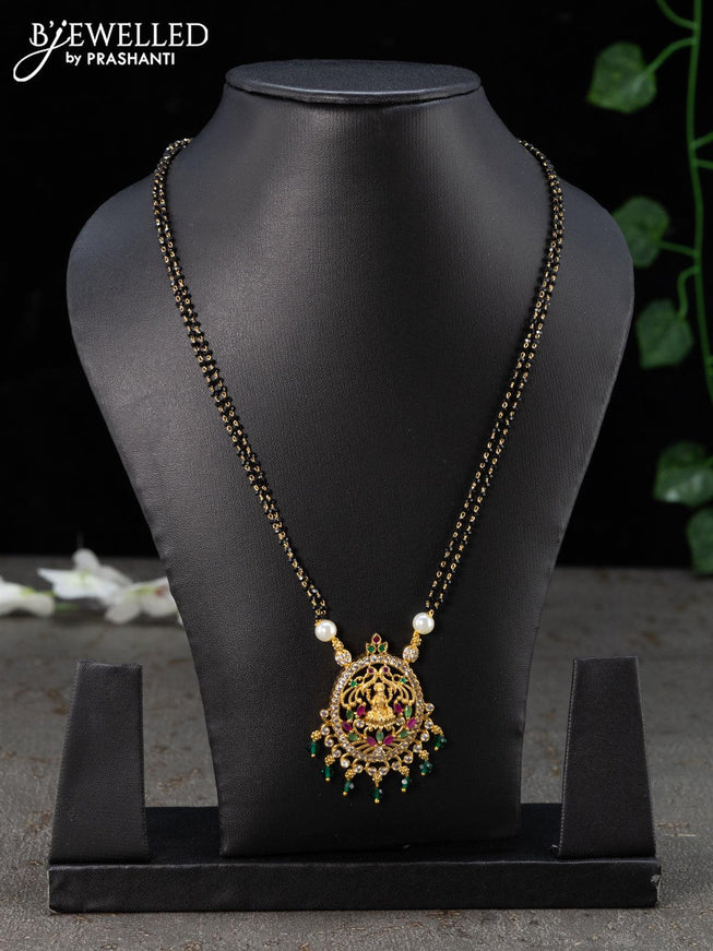 Mangalsutra double layer kemp & cz stones with lakshmi pendant and green beads hangings without earring - {{ collection.title }} by Prashanti Sarees
