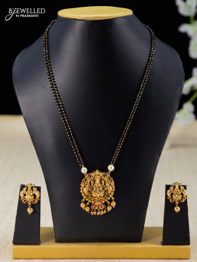 Mangalsutra double layer kemp stone with lakshmi pendant and golden beads hangings - {{ collection.title }} by Prashanti Sarees