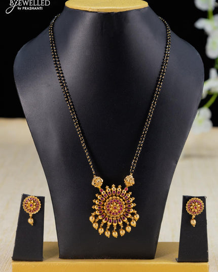 Mangalsutra double layer pink kemp stone with floral pendant and golden beads hangings - {{ collection.title }} by Prashanti Sarees