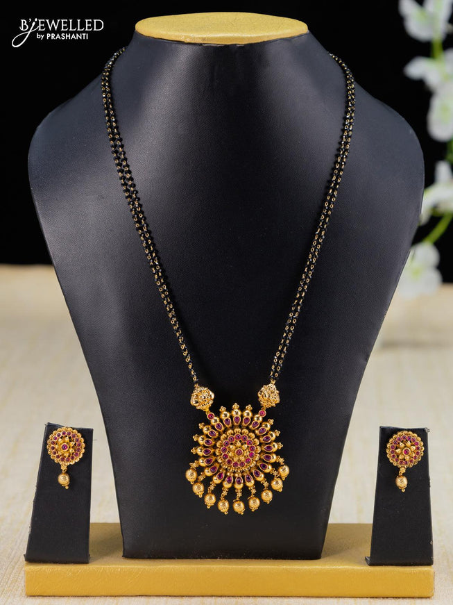 Mangalsutra double layer pink kemp stone with floral pendant and golden beads hangings - {{ collection.title }} by Prashanti Sarees