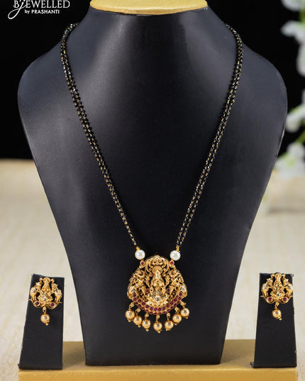 Mangalsutra double layer pink kemp stone with lakshmi pendant and golden beads hangings - {{ collection.title }} by Prashanti Sarees