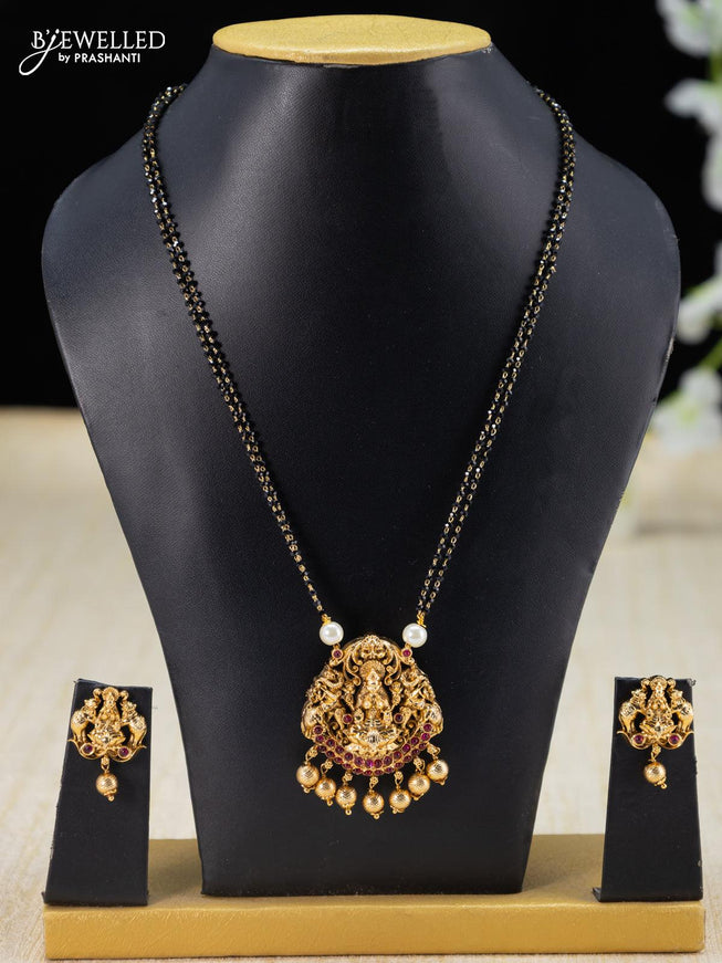 Mangalsutra double layer pink kemp stone with lakshmi pendant and golden beads hangings - {{ collection.title }} by Prashanti Sarees