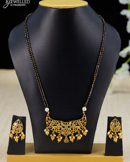 Mangalsutra double layer with pink kemp stone and golden beads hangings - {{ collection.title }} by Prashanti Sarees