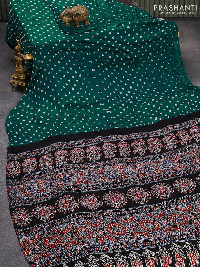 Modal silk saree teal green and black with allover bandhani prints and ajrakh printed pallu - {{ collection.title }} by Prashanti Sarees