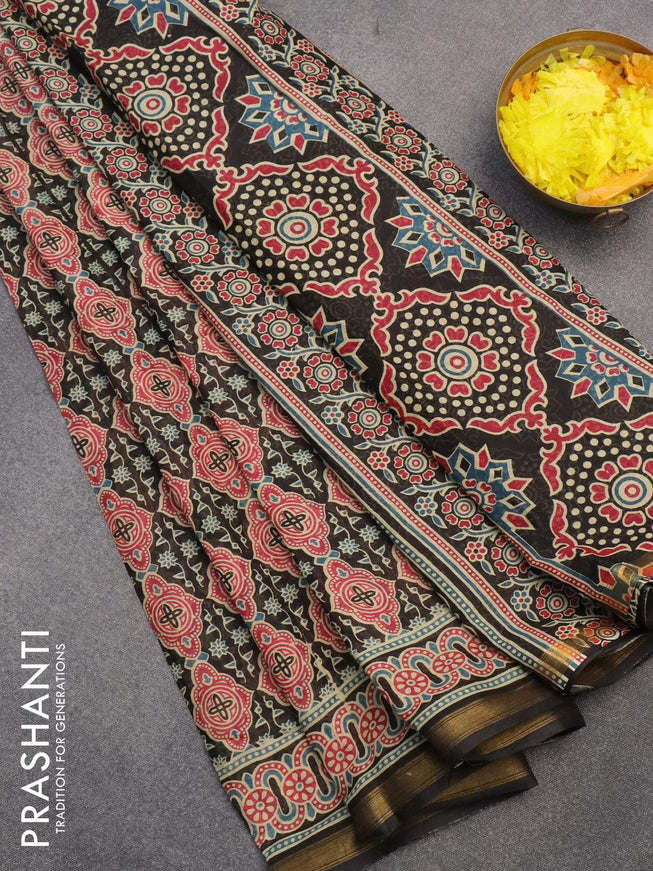 Mul cotton saree black with allover prints and small zari woven border - {{ collection.title }} by Prashanti Sarees