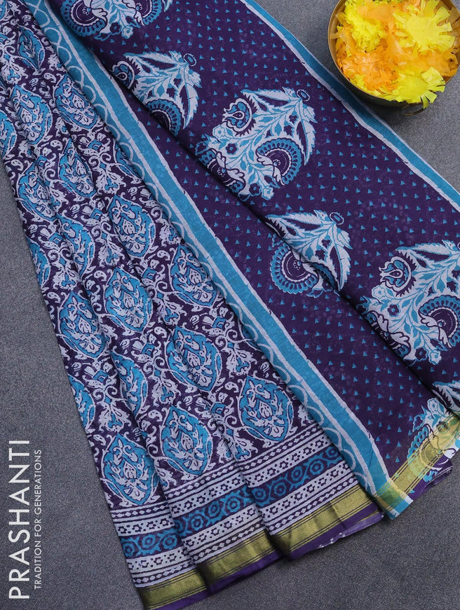 Mul cotton saree blue with allover prints and zari woven border - {{ collection.title }} by Prashanti Sarees