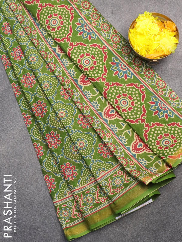 Mul cotton saree green with allover prints and small zari woven border - {{ collection.title }} by Prashanti Sarees