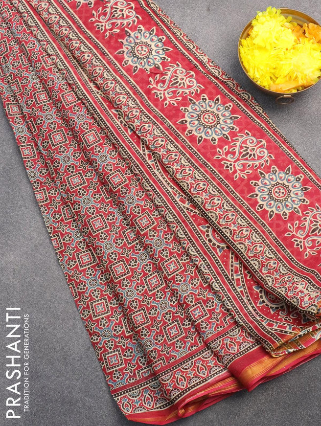 Mul cotton saree maroon with allover prints and small zari woven border - {{ collection.title }} by Prashanti Sarees