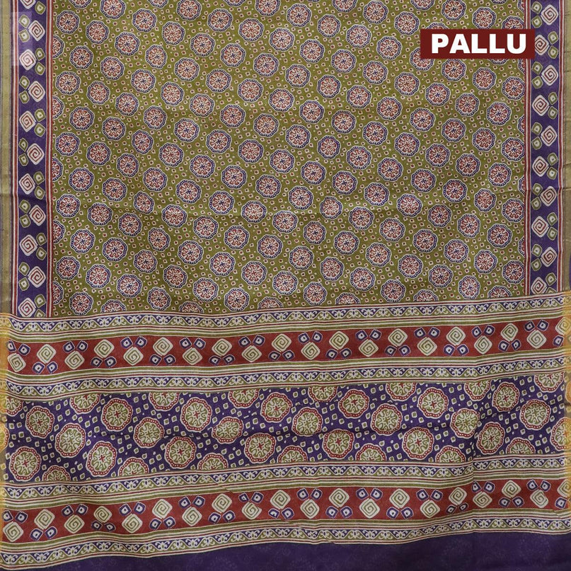Mul cotton saree mehendi green and deep violet with allover ajrakh prints and zari woven border - {{ collection.title }} by Prashanti Sarees