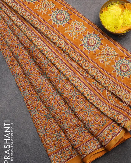 Mul cotton saree mustard yellow with allover prints and small zari woven border - {{ collection.title }} by Prashanti Sarees