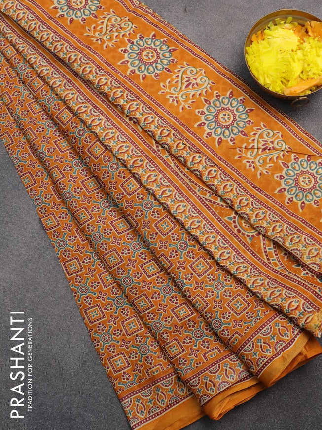 Mul cotton saree mustard yellow with allover prints and small zari woven border - {{ collection.title }} by Prashanti Sarees