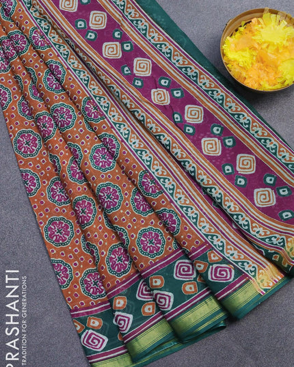 Mul cotton saree orange and green with allover ajrakh prints and zari woven border - {{ collection.title }} by Prashanti Sarees