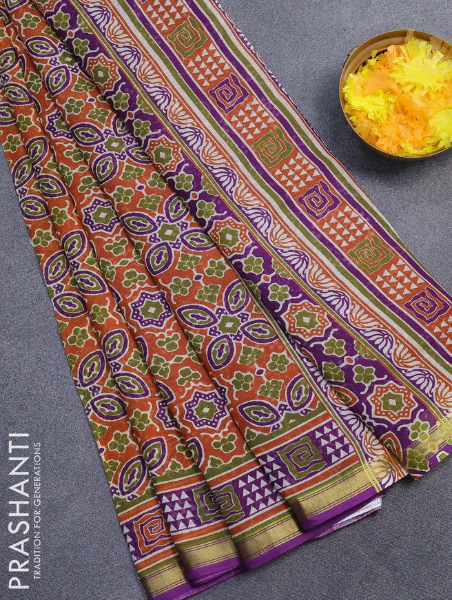 Mul cotton saree orange and violet with allover ajrakh prints and zari woven border - {{ collection.title }} by Prashanti Sarees