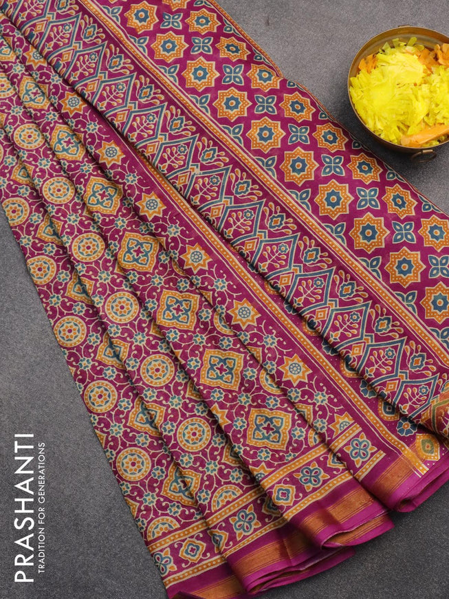 Mul cotton saree purple with allover ajrakh prints and small zari woven border - {{ collection.title }} by Prashanti Sarees