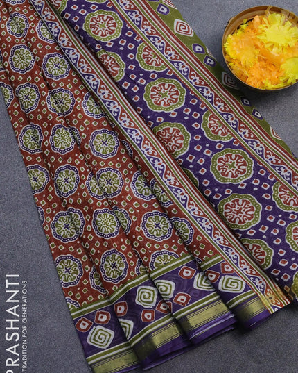 Mul cotton saree rust shade and violet with allover ajrakh prints and zari woven border - {{ collection.title }} by Prashanti Sarees