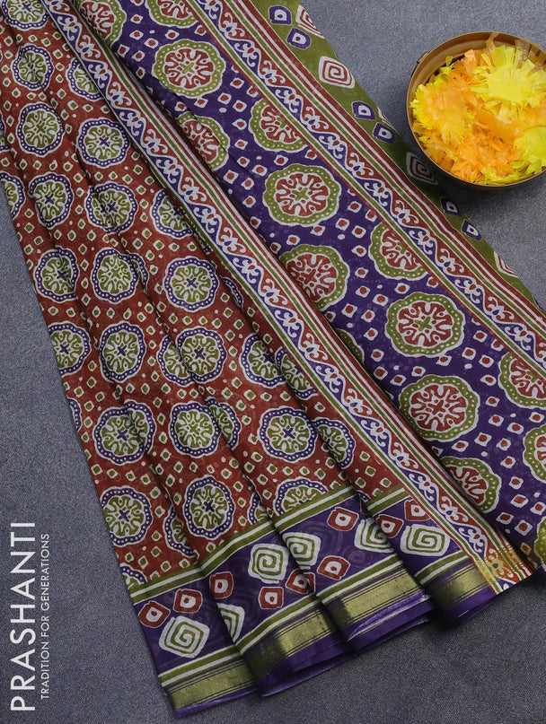 Mul cotton saree rust shade and violet with allover ajrakh prints and zari woven border - {{ collection.title }} by Prashanti Sarees