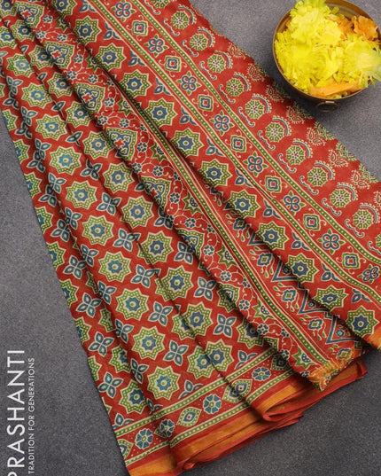 Mul cotton saree rust shade with allover prints and small zari woven border - {{ collection.title }} by Prashanti Sarees