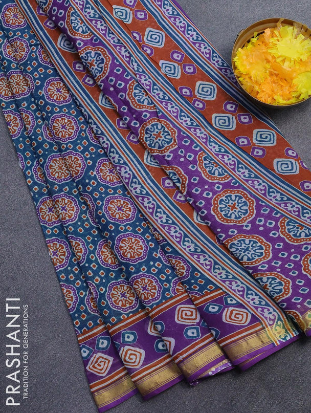 Mul cotton saree teal blue and violet with allover ajrakh prints and zari woven border - {{ collection.title }} by Prashanti Sarees