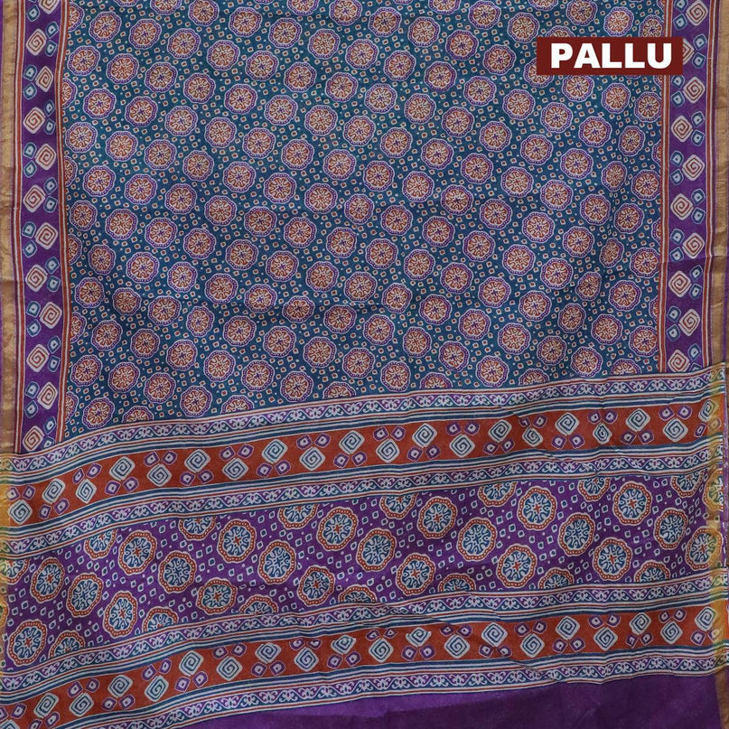 Mul cotton saree teal blue and violet with allover ajrakh prints and zari woven border - {{ collection.title }} by Prashanti Sarees