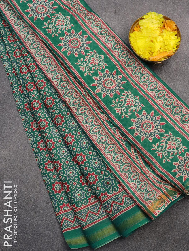 Mul cotton saree teal green with allover ajrakh prints and small zari woven border - {{ collection.title }} by Prashanti Sarees