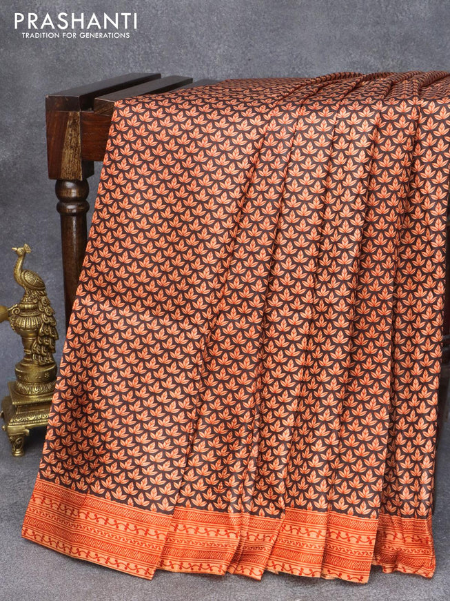 Murshidabad silk saree black and orange with allover leaf prints and printed border - {{ collection.title }} by Prashanti Sarees