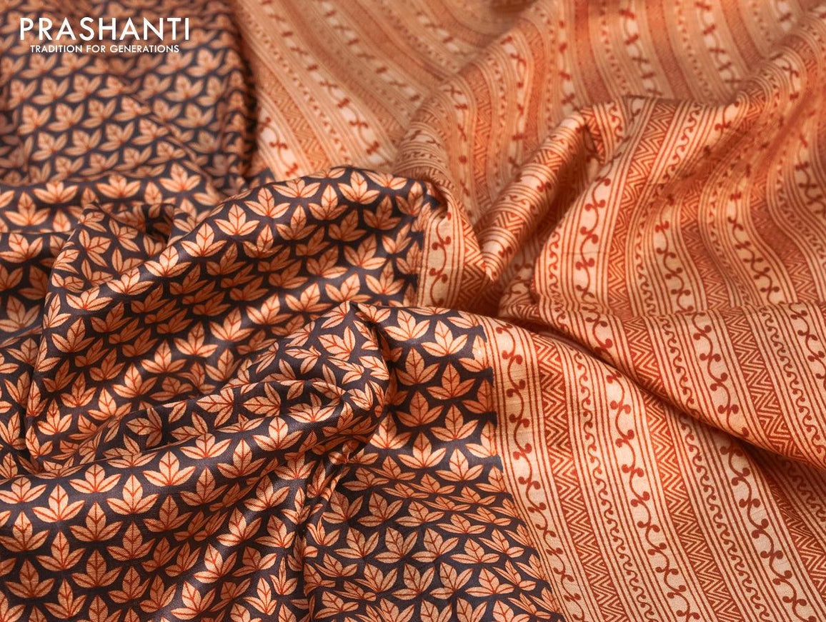 Murshidabad silk saree black and orange with allover leaf prints and printed border - {{ collection.title }} by Prashanti Sarees