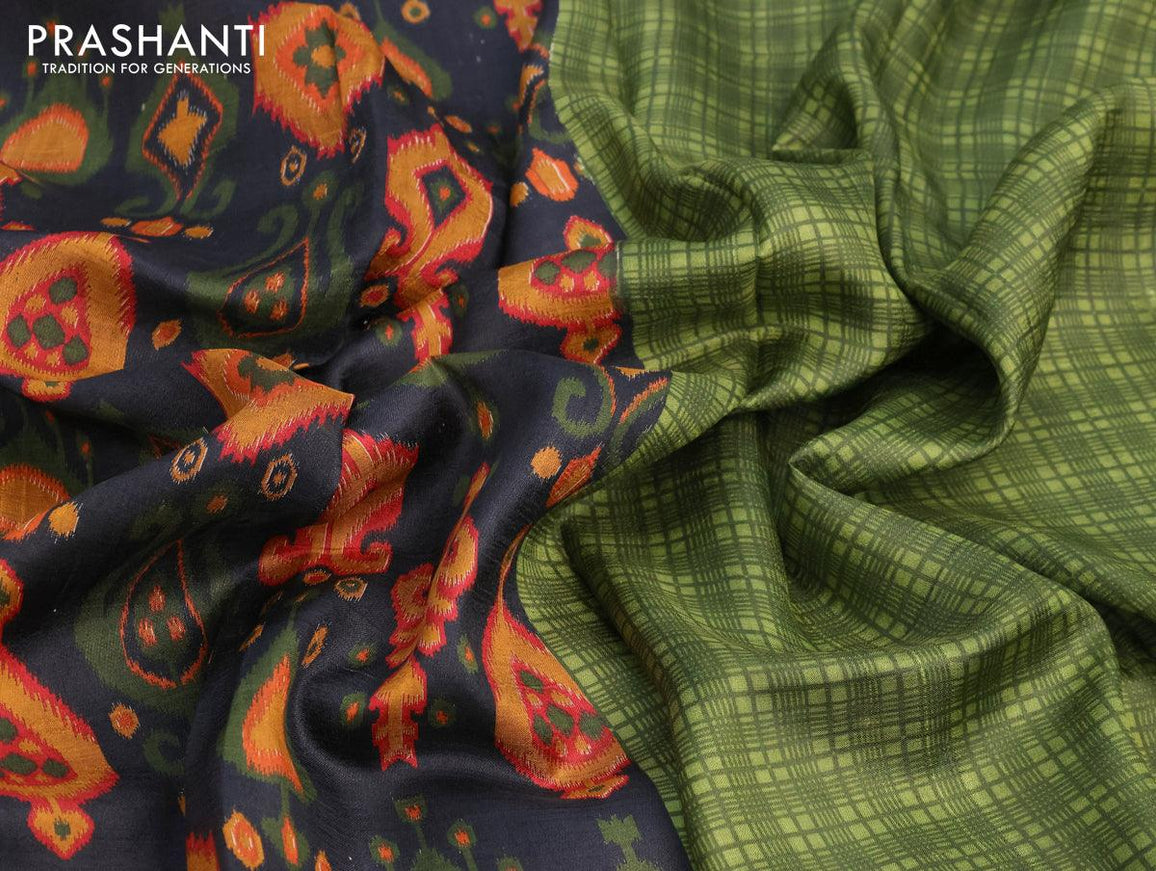 Murshidabad silk saree black and sap green with allover ikat prints and printed border - {{ collection.title }} by Prashanti Sarees