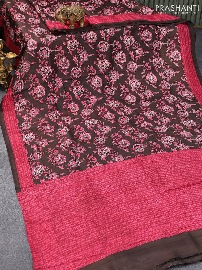 Murshidabad silk saree coffee brown and pink with allover floral prints and printed border - {{ collection.title }} by Prashanti Sarees