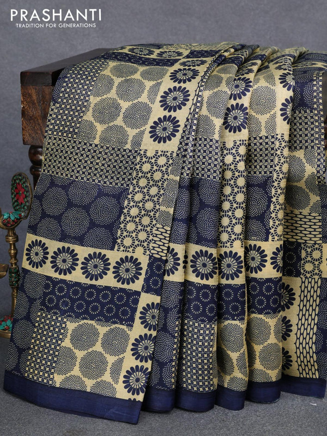 Murshidabad silk saree cream and blue with allover prints and simple border - {{ collection.title }} by Prashanti Sarees