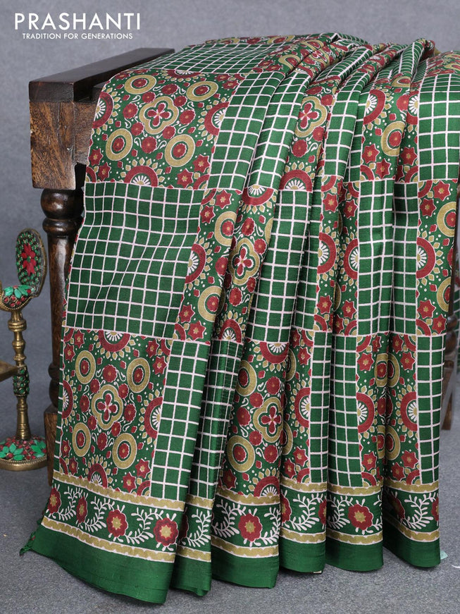 Murshidabad silk saree dark green with allover ajrakh prints and printed border - {{ collection.title }} by Prashanti Sarees