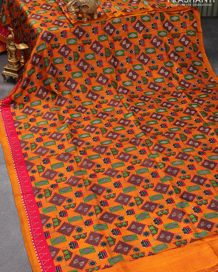 Murshidabad silk saree dark mustard and red with allover geometric prints and printed border - {{ collection.title }} by Prashanti Sarees