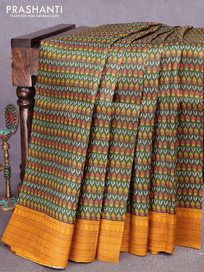 Murshidabad silk saree green and mustard yellow with allover prints and printed border - {{ collection.title }} by Prashanti Sarees