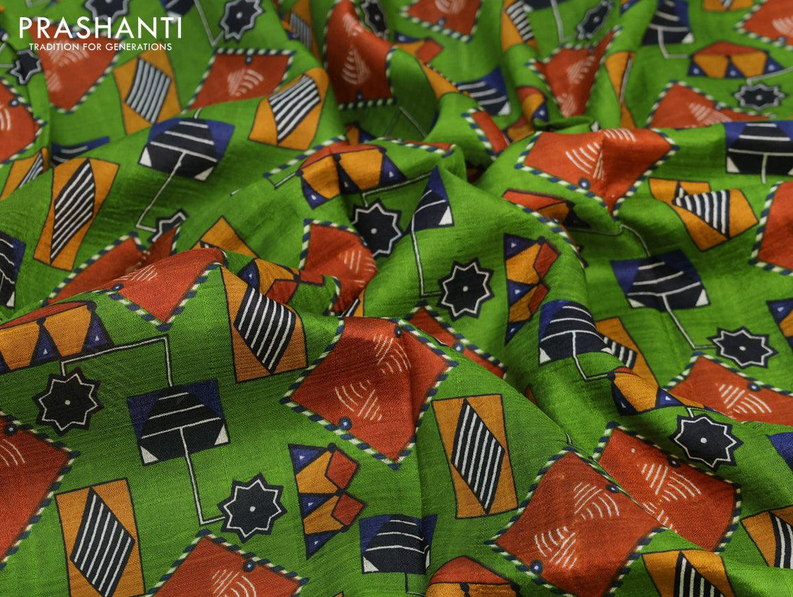 Murshidabad silk saree green and navy blue with allover geometric prints and printed border - {{ collection.title }} by Prashanti Sarees