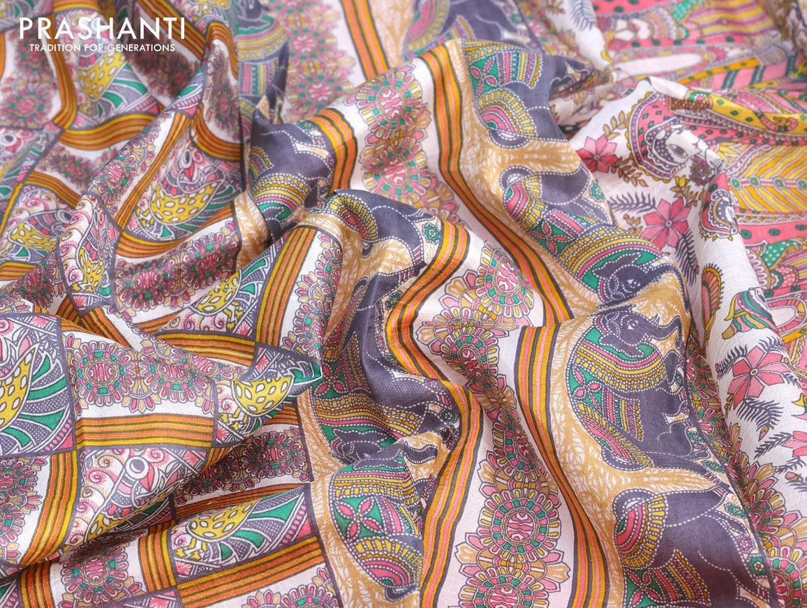 Murshidabad silk saree grey and light pink with allover kalamkari prints and simple border - {{ collection.title }} by Prashanti Sarees